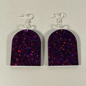 Purple Resin Chunky Glitter Dangle Earrings Arch Shape NWT